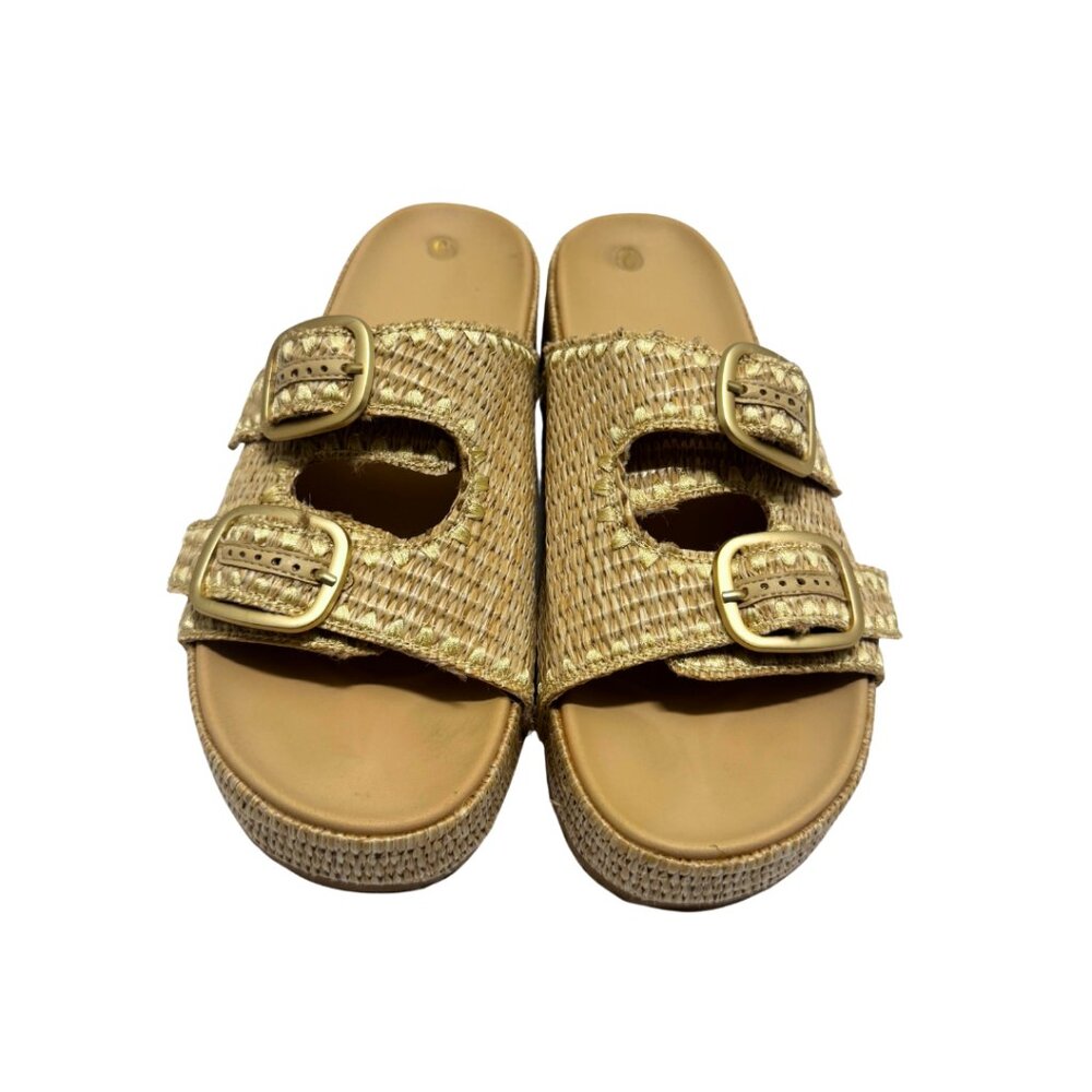 Universal Thread Tan and Gold Woven Double Buckle Platform Sandals Size 9